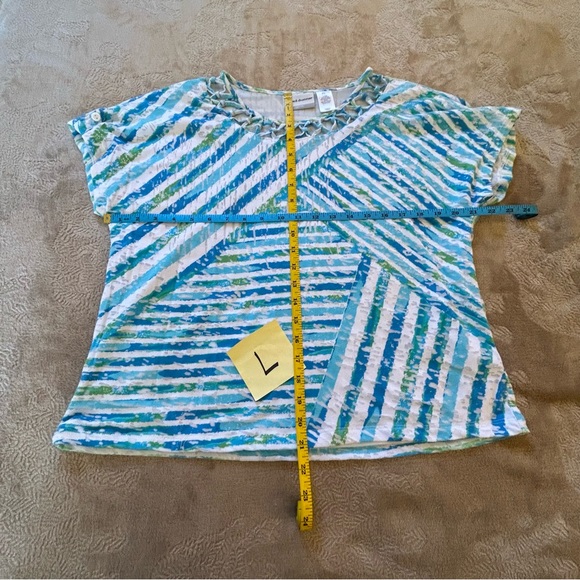 Alfred Dunner petite white blue green crossover stripes lattice lined tee Size L - Picture 12 of 12